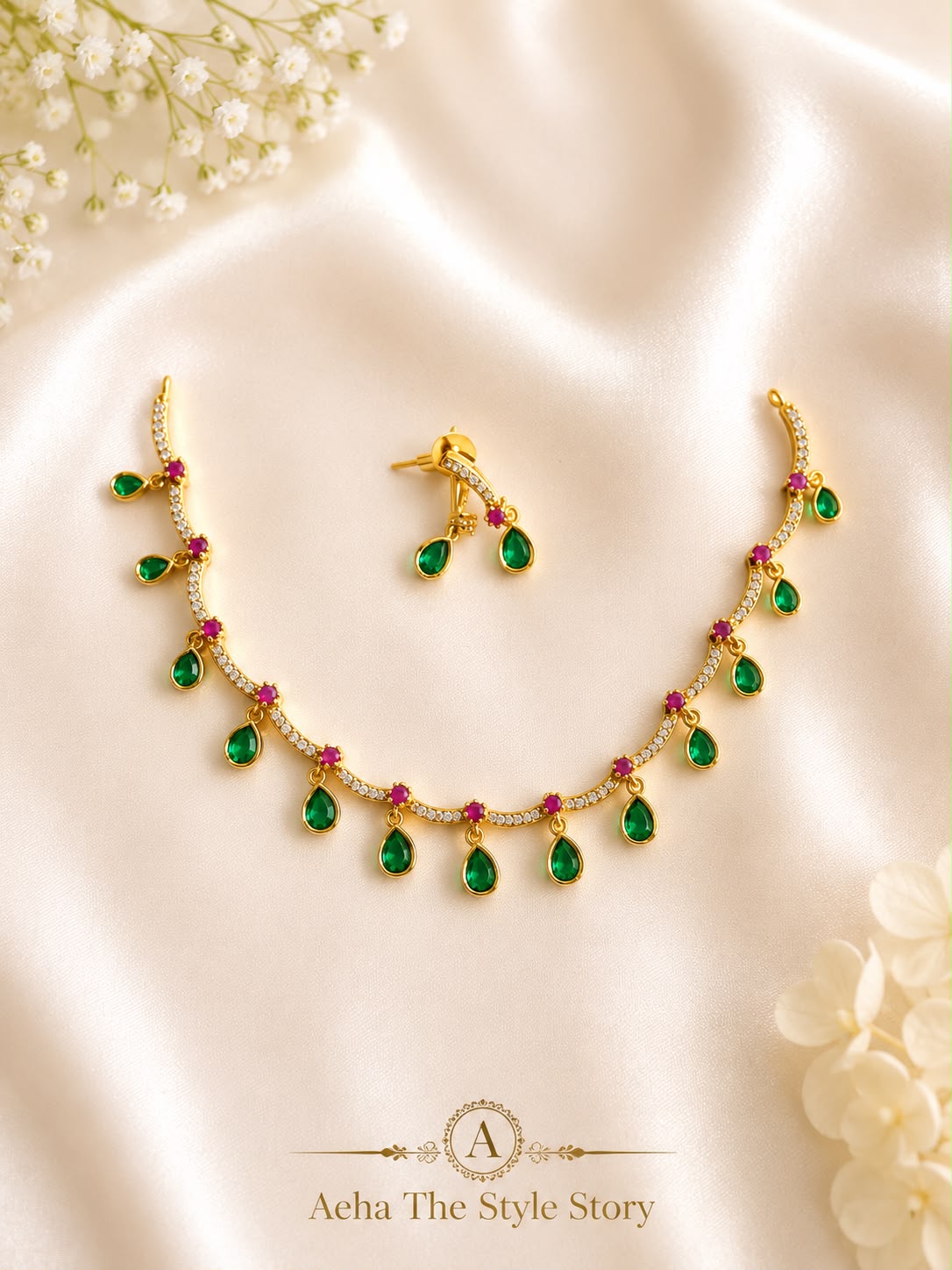 Premium Emerald AD Stones Drops necklace-AEJ023