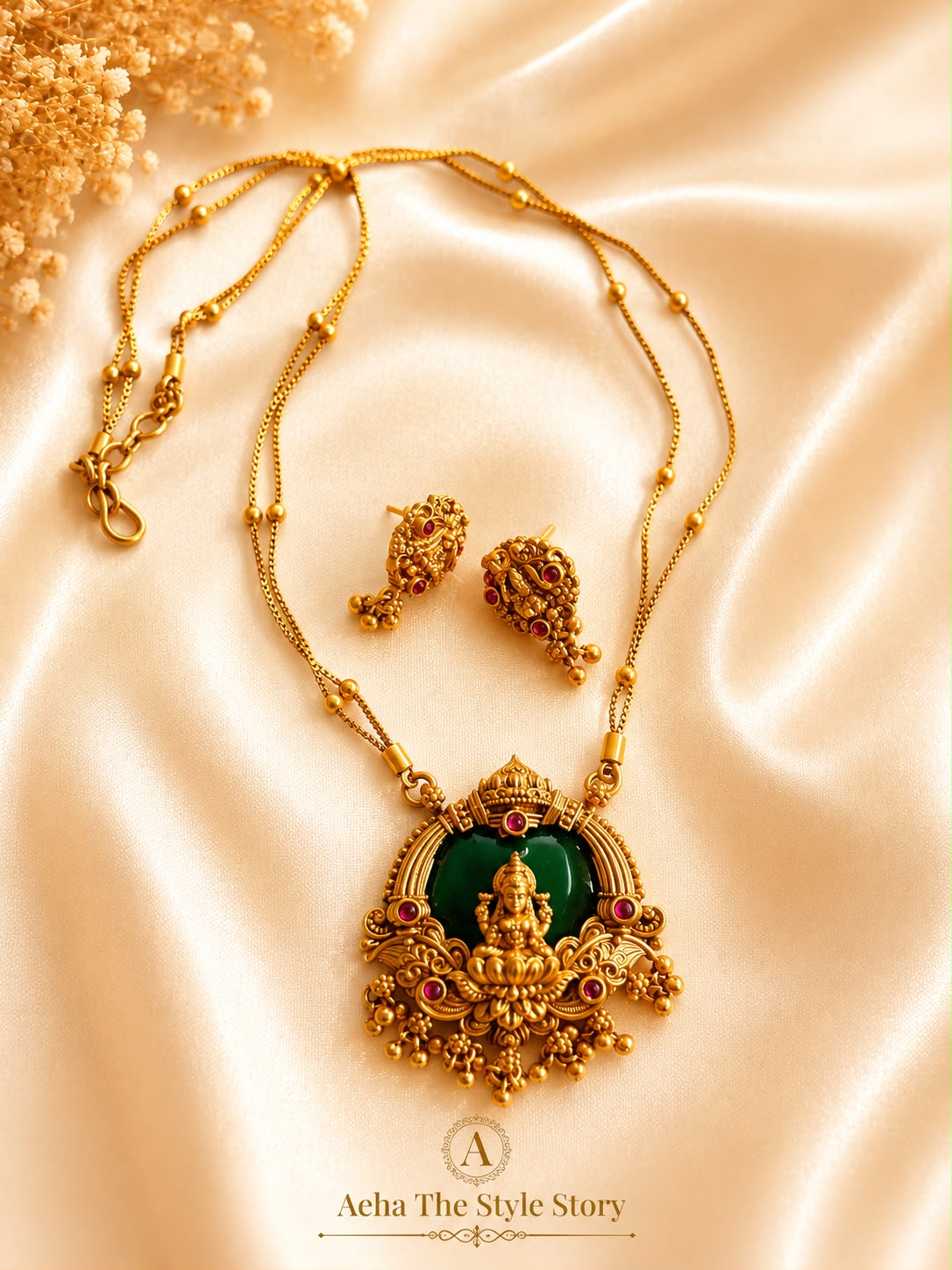 Saraswathi Temple Green Pendant Chain-AEJ037