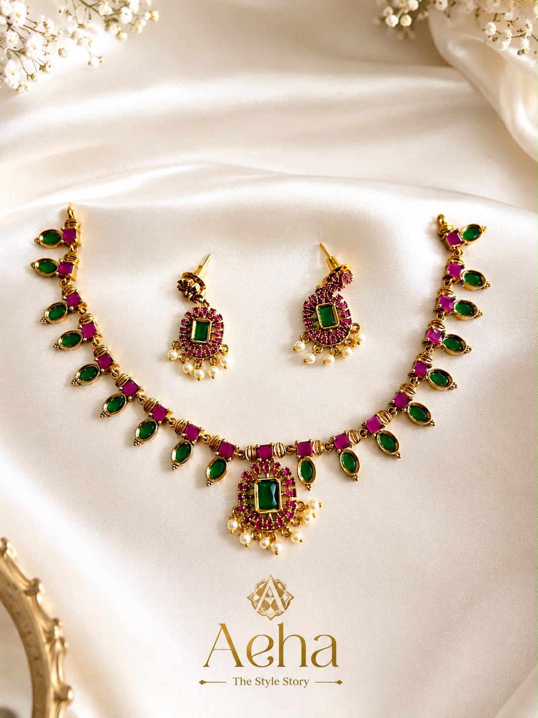 Premium Meher Emerald Ruby Necklace-AEJ082