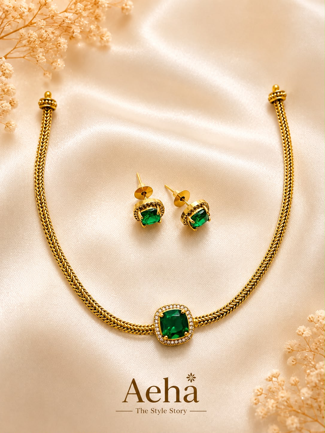 AD Necklace Set Green-AEJ043