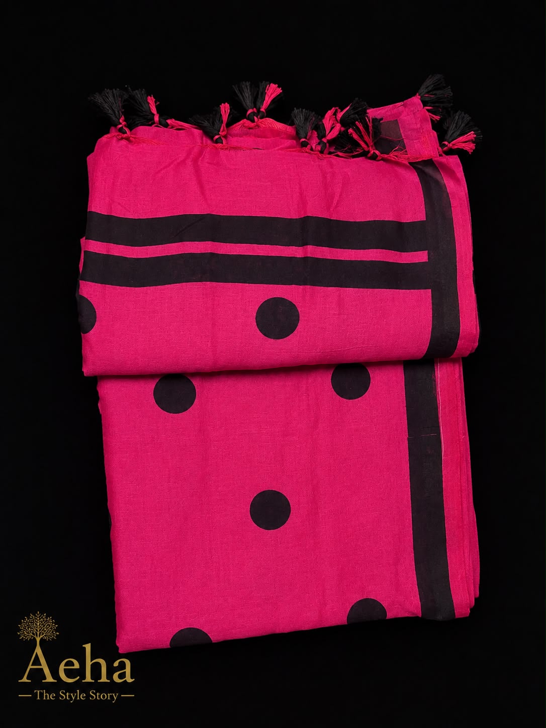 Polka Dot Khadi Cotton Pink and Black Saree-AES036