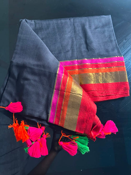 Black Multi Colored Mul Cotton Saree-AES054